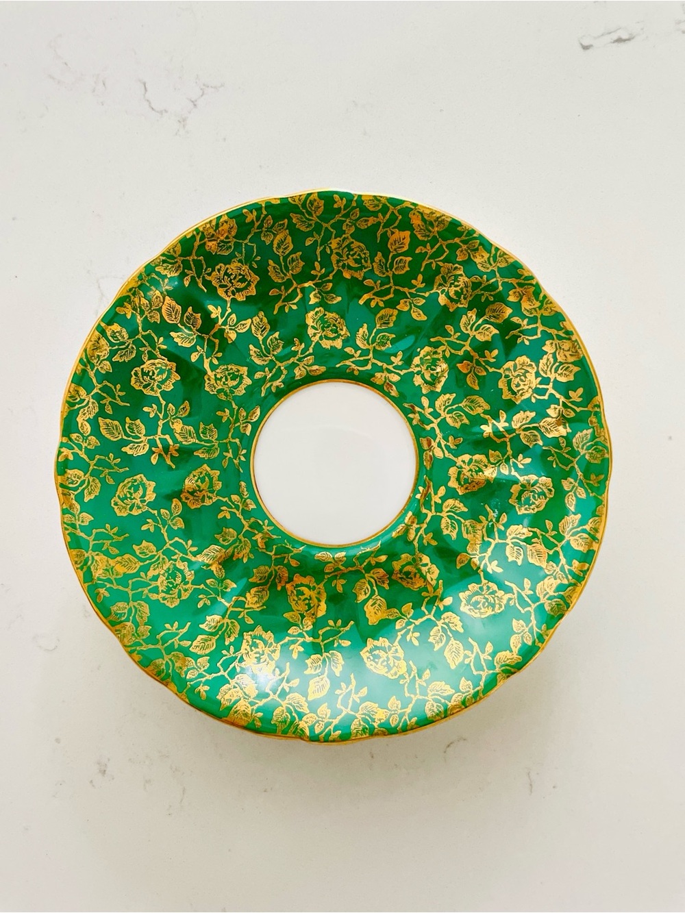 Royal Windsor Fine Bone China England Green Gold Floral Accent Saucer Vintage